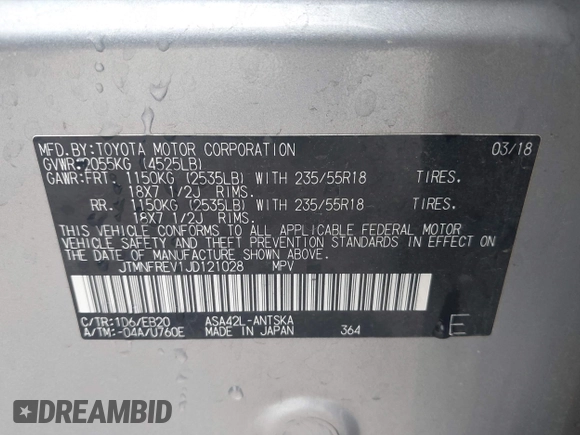 2018 Toyota RAV4 SE with VIN JTMNFREV1JD121028, listed as a IAAI auction lot 42408050 with Not provided miles and . Bid and sale history available at DreamBid. Image 9.