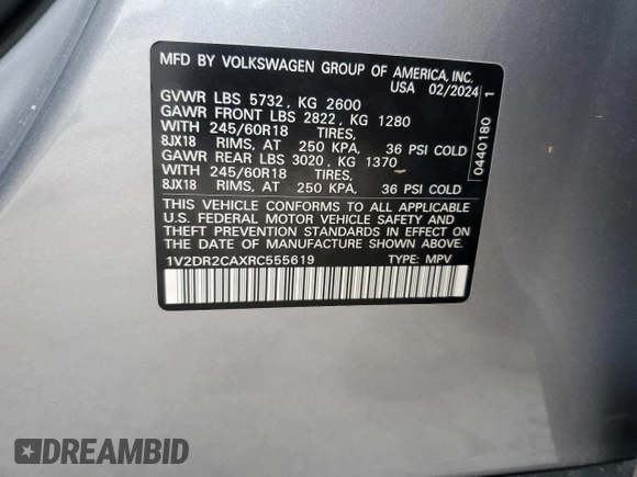 2024 Volkswagen Atlas SE с VIN 1V2DR2CAXRC555619, выставлен на аукционе Copart как лот 75097554 с пробегом Не указан миль и Списание • Salvage title. История ставок и продаж доступна на DreamBid. Изображение 14.