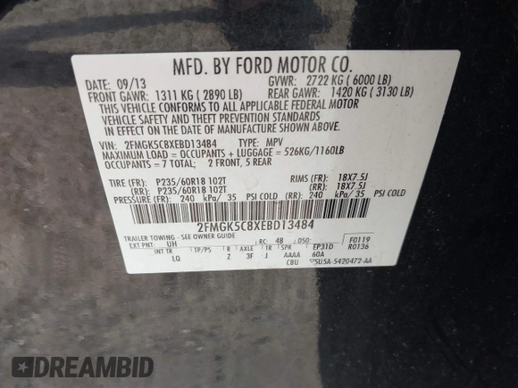 2014 Ford Flex SEL z VIN 2FMGK5C8XEBD13484, wystawiony jako IAAI lot #42235548 z przebiegiem 172 570 mil mil oraz . Historia ofert i sprzedaży dostępna na DreamBid. Obrazek 9.