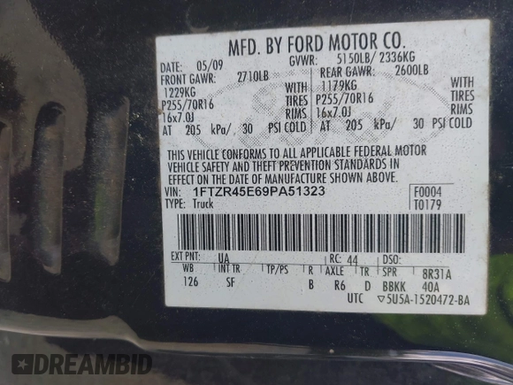 2009 Ford Ranger XLT with VIN 1FTZR45E69PA51323, listed as a IAAI auction lot 42145063 with 190,131 mi miles. Bid and sale history available at carsss.com. Image 9.
