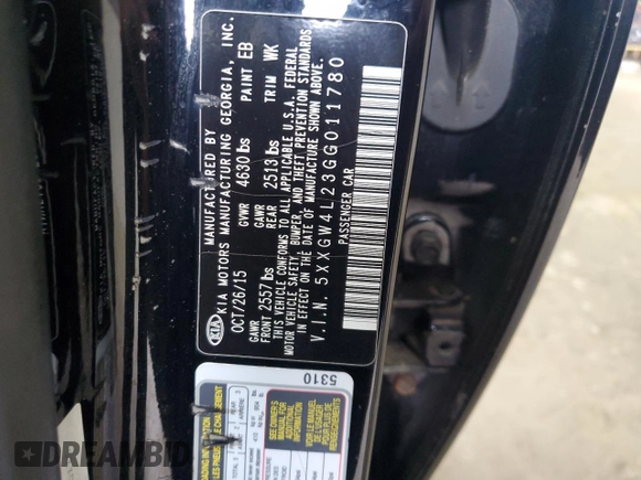 2016 Kia Optima SX Turbo with VIN 5XXGW4L23GG011780, listed as a Copart auction lot 56628295 with 104,288 mi miles and Salvage title. Bid and sale history available at DreamBid. Image 12.