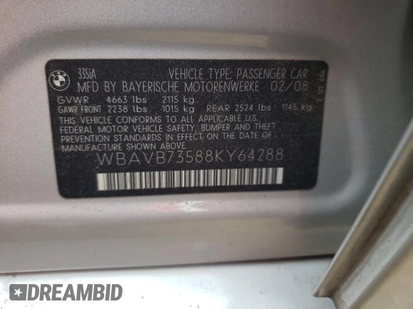 2008 BMW 3 Series 335i с VIN WBAVB73588KY64288, выставлен на аукционе Copart как лот 73285114 с пробегом 142 508 миль миль и На запчасти • Non repairable. История ставок и продаж доступна на DreamBid. Изображение 12.