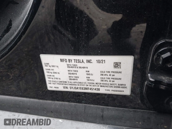 2021 Tesla Model S Plaid с VIN 5YJSA1E63MF451438, выставлен на аукционе IAAI как лот 41399777 с пробегом Не указан миль и . История ставок и продаж доступна на DreamBid. Изображение 9.