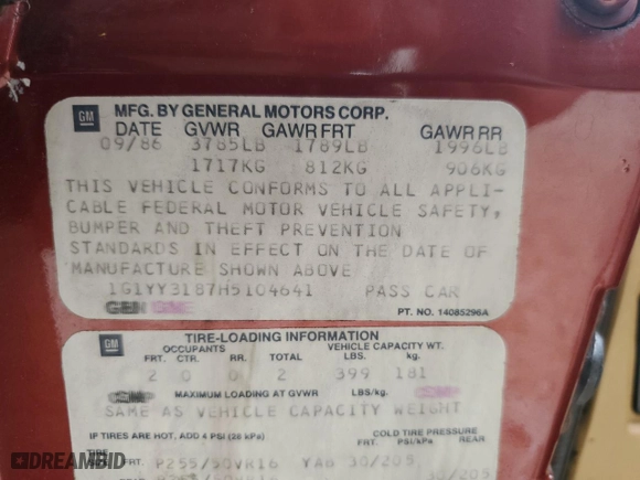 1987 Chevrolet Corvette with VIN 1G1YY3187H5104641, listed as a Copart auction lot 69618503 with 72,045 mi miles and Salvage Title. Bid and sale history available at carsss.com. Image 12.