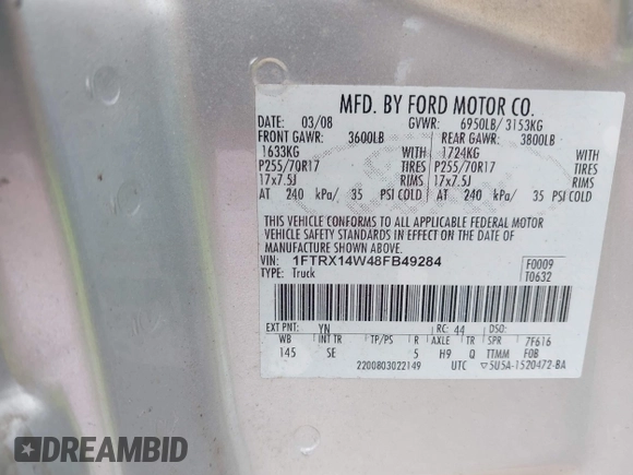 2008 Ford F-150 STX with VIN 1FTRX14W48FB49284, listed as a IAAI auction lot 42167294 with 121,120 mi miles and . Bid and sale history available at DreamBid. Image 9.
