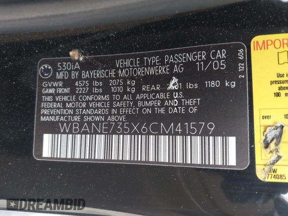 2006 BMW 5 Series 530i with VIN WBANE735X6CM41579, listed as a IAAI auction lot 41929506 with 201,655 mi miles and . Bid and sale history available at carsss.com. Image 9.