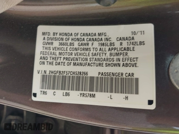 2012 Honda Civic LX with VIN 2HGFB2F57CH528266, listed as a IAAI auction lot 42094846 with 120,244 mi miles and . Bid and sale history available at DreamBid. Image 9.