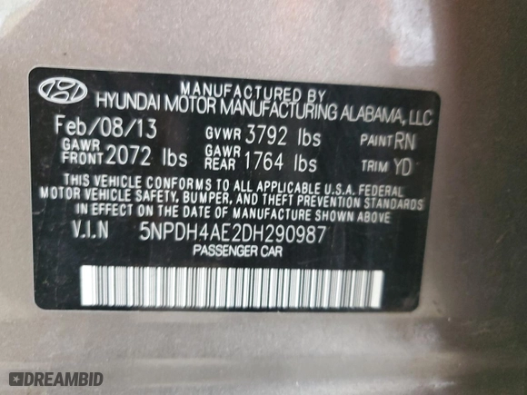 2013 Hyundai Elantra GLS PZEV with VIN 5NPDH4AE2DH290987, listed as a Copart auction lot 53750235 with 119,328 mi miles and Salvage Title. Bid and sale history available at carsss.com. Image 12.
