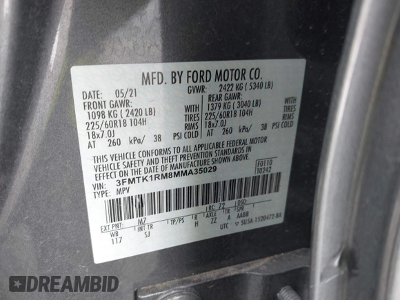 2021 Ford Mustang Mach-E Select with VIN 3FMTK1RM8MMA35029, listed as a IAAI auction lot 41792032 with 95,917 mi miles and . Bid and sale history available at DreamBid. Image 9.
