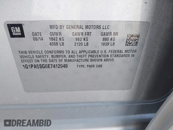 2014 Chevrolet Cruze LS with VIN 1G1PA5SG6E7412949, listed as a IAAI auction lot 41634532 with 109,195 mi miles and . Bid and sale history available at DreamBid. Image 9.