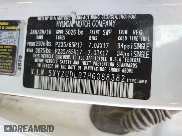 2017 Hyundai Santa Fe 2.4L z VIN 5XYZUDLB7HG388382, wystawiony jako Copart lot #57167315 z przebiegiem 128 724 mil mil oraz Szkoda całkowita • Salvage title. Historia ofert i sprzedaży dostępna na DreamBid. Obrazek 13.