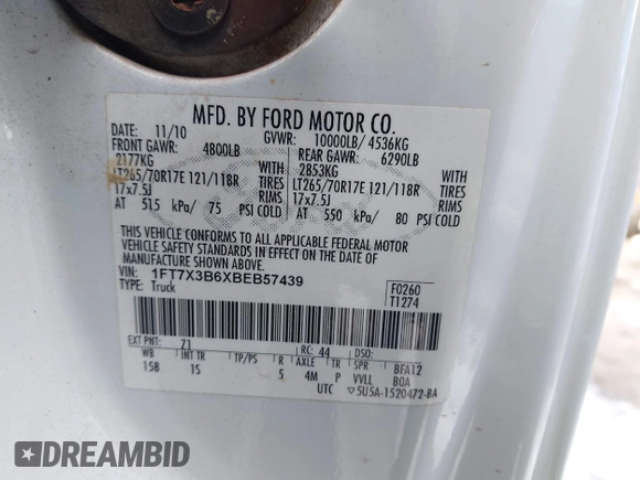 2011 Ford F-350 with VIN 1FT7X3B6XBEB57439, listed as a IAAI auction lot 41434952 with 305,000 mi miles and . Bid and sale history available at DreamBid. Image 9.