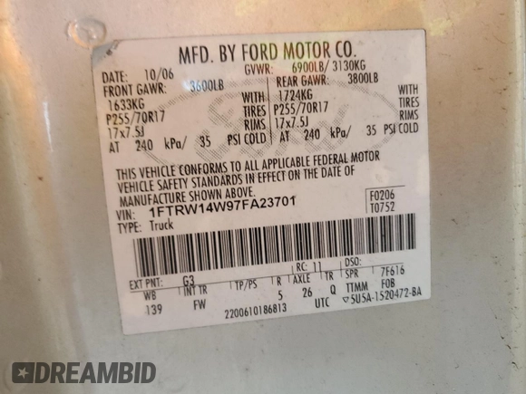 2007 Ford F-150 XLT z VIN 1FTRW14W97FA23701, wystawiony jako Copart lot #44778965 z przebiegiem 185 750 mil mil oraz Czysty tytuł • Clean title. Historia ofert i sprzedaży dostępna na DreamBid. Obrazek 12.