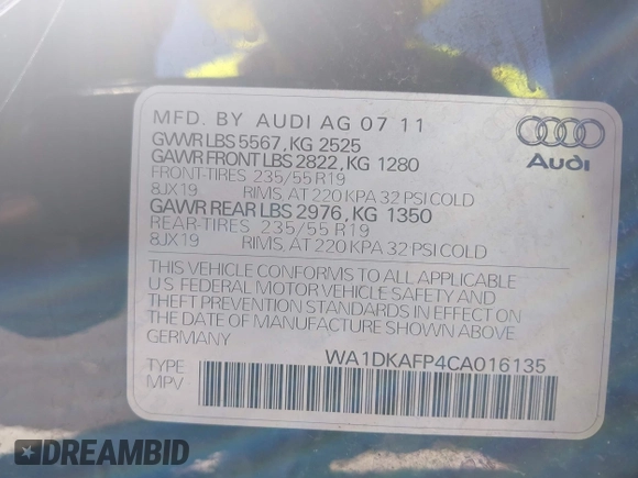 2012 Audi Q5 Premium Plus with VIN WA1DKAFP4CA016135, listed as a IAAI auction lot 42657478 with 147,607 mi miles and . Bid and sale history available at DreamBid. Image 9.