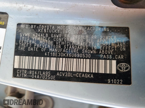 2006 Toyota Camry STD with VIN 4T1BE30KX6U690530, listed as a Copart auction lot 49334695 with 252,957 mi miles and Salvage Title. Bid and sale history available at DreamBid. Image 12.