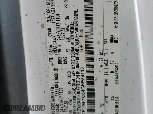 2016 Ford F-150 XL with VIN 1FTMF1C84GKE54113, listed as a Copart auction lot 52996615 with Not Provided miles and Salvage Title. Bid and sale history available at DreamBid. Image 15.