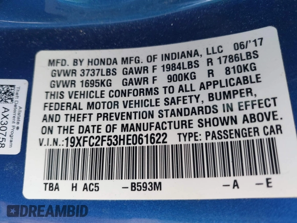 2017 Honda Civic LX with VIN 19XFC2F53HE061622, listed as a IAAI auction lot 42096381 with 86,492 mi miles and . Bid and sale history available at DreamBid. Image 9.