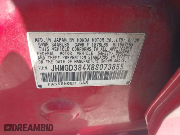 2008 Honda Fit with VIN JHMGD384X8S073855, listed as a IAAI auction lot 42581680 with 168,646 mi miles and . Bid and sale history available at DreamBid. Image 9.