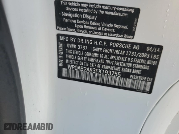 2014 Porsche Cayman S с VIN WP0AB2A83EK193755, выставлен на аукционе Copart как лот 83566134 с пробегом 49 965 миль миль и Списание • Salvage title. История ставок и продаж доступна на DreamBid. Изображение 12.