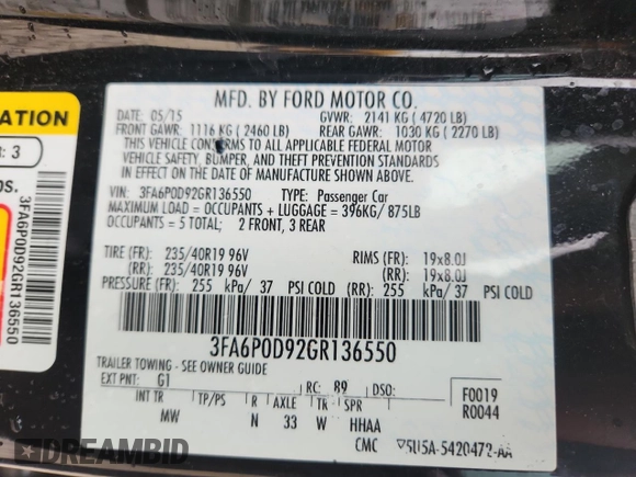 2016 Ford Fusion Titanium with VIN 3FA6P0D92GR136550, listed as a Copart auction lot 62324845 with 100,469 mi miles and Clean title. Bid and sale history available at DreamBid. Image 12.