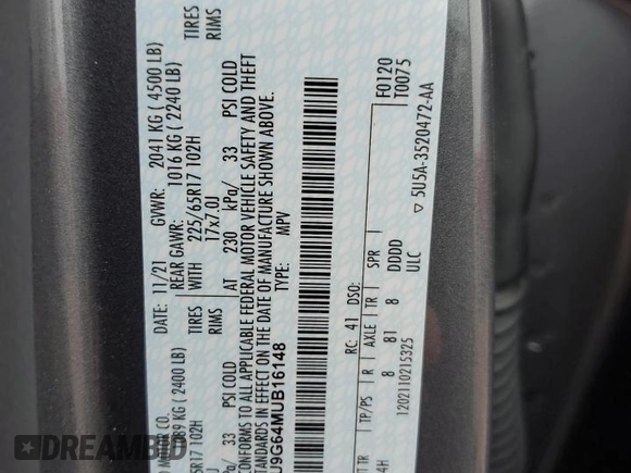 2021 Ford Escape SE with VIN 1FMCU9G64MUB16148, listed as a Copart auction lot 60994595 with 7,772 mi miles and Salvage title. Bid and sale history available at DreamBid. Image 13.