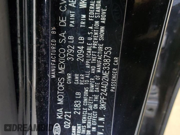 2021 Kia Forte FE with VIN 3KPF24AD2ME338753, listed as a Copart auction lot 46129475 with 49,449 mi miles and Salvage Title. Bid and sale history available at carsss.com. Image 15.