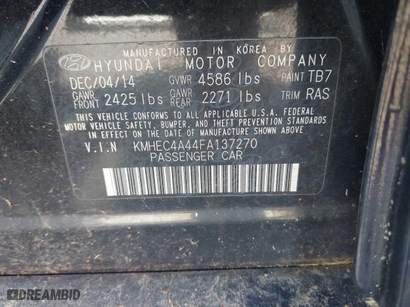 2015 Hyundai Sonata Hybrid Limited with VIN KMHEC4A44FA137270, listed as a IAAI auction lot 41825448 with 72,738 mi miles. Bid and sale history available at carsss.com. Image 9.