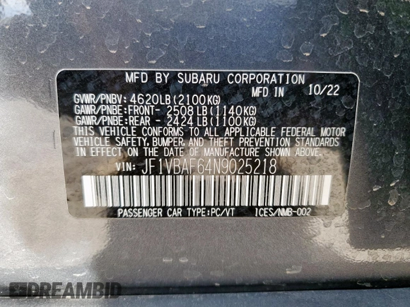 2022 Subaru WRX Premium с VIN JF1VBAF64N9025218, выставлен на аукционе Copart как лот 57229895 с пробегом 20 006 миль миль и Списание • Salvage title. История ставок и продаж доступна на DreamBid. Изображение 12.