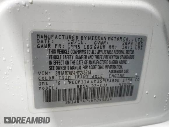 2017 Nissan Sentra S with VIN 3N1AB7AP4HY245214, listed as a Copart auction lot 55759005 with 104,216 mi miles and Salvage title. Bid and sale history available at DreamBid. Image 12.