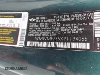 2009 MINI Hardtop S with VIN WMWMF735X9TT94065, listed as a IAAI auction lot 42183487 with 141,746 mi miles and . Bid and sale history available at DreamBid. Image 9.