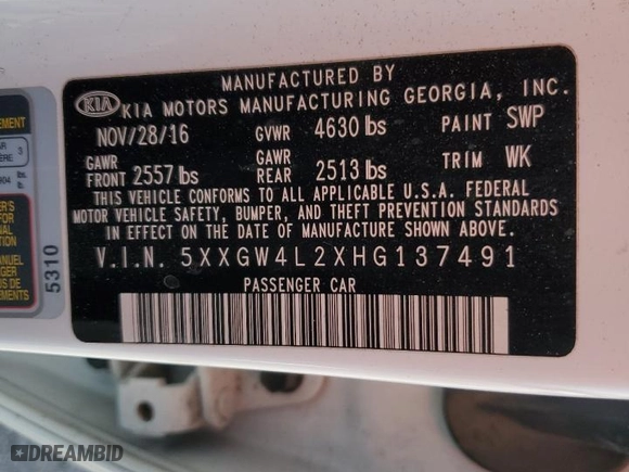 2017 Kia Optima SX with VIN 5XXGW4L2XHG137491, listed as a Copart auction lot 42572805 with 104,323 mi miles and Salvage Title. Bid and sale history available at carsss.com. Image 12.