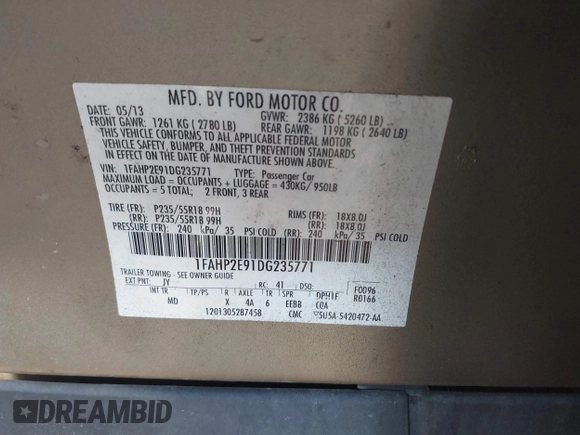 2013 Ford Taurus SEL with VIN 1FAHP2E91DG235771, listed as a IAAI auction lot 40210537 with 179,780 mi miles and . Bid and sale history available at carsss.com. Image 9.