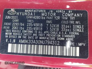 2022 Hyundai Kona N Line with VIN KM8K33A30NU794312, listed as a IAAI auction lot 41875100 with 21,880 mi miles. Bid and sale history available at carsss.com. Image 9.