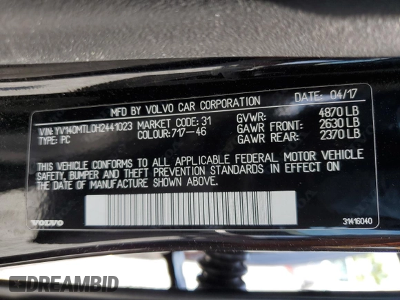 2017 Volvo S60 Dynamic с VIN YV140MTL0H2441023, выставлен на аукционе Copart как лот 51165015 с пробегом 39 200 миль миль и На запчасти • Non repairable. История ставок и продаж доступна на DreamBid. Изображение 12.