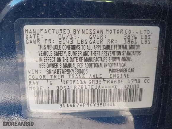 2019 Nissan Sentra S with VIN 3N1AB7AP9KY380406, listed as a IAAI auction lot 41924615 with NaN miles. Bid and sale history available at carsss.com. Image 9.