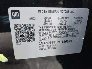 2022 Chevrolet Malibu LT with VIN 1G1ZD5ST3NF156529, listed as a IAAI auction lot 41880585 with 66,946 mi miles and . Bid and sale history available at carsss.com. Image 9.