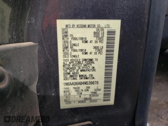2004 Nissan Titan SE with VIN 1N6AA06A84N539876, listed as a Copart auction lot 80282844 with Not Provided miles and Salvage Title. Bid and sale history available at carsss.com. Image 14.