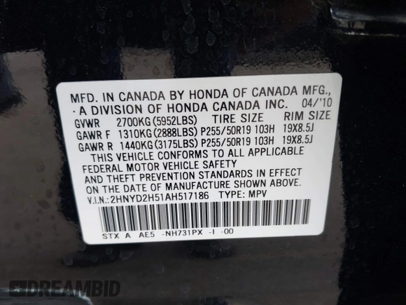 2010 Acura MDX Advance with VIN 2HNYD2H51AH517186, listed as a IAAI auction lot 42083466 with 118,745 mi miles and . Bid and sale history available at DreamBid. Image 9.