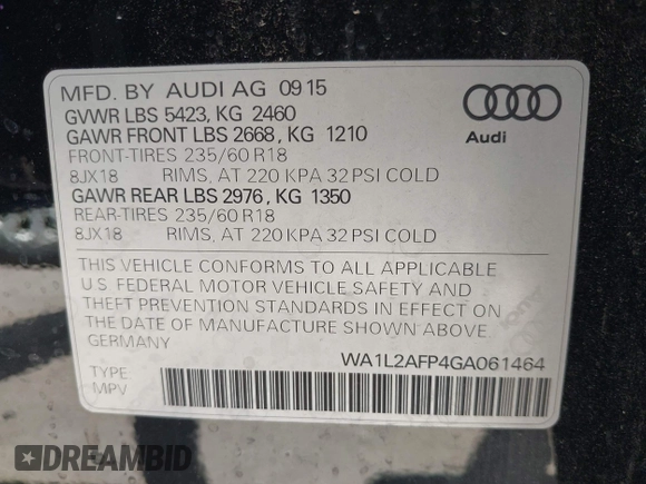 2016 Audi Q5 Premium Plus with VIN WA1L2AFP4GA061464, listed as a IAAI auction lot 42442530 with 79,907 mi miles and . Bid and sale history available at DreamBid. Image 9.