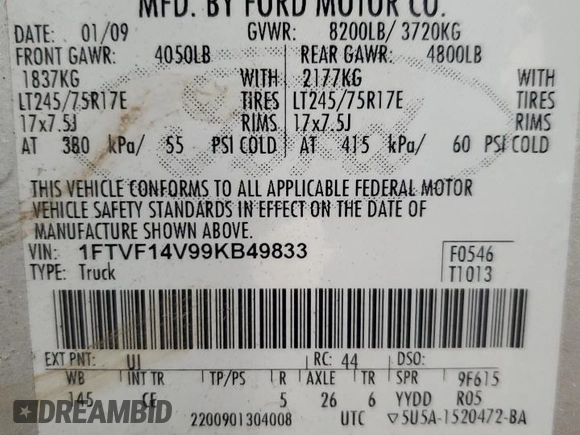 2009 Ford F-150 XL with VIN 1FTVF14V99KB49833, listed as a Copart auction lot 43116685 with 124,541 mi miles and Salvage title. Bid and sale history available at DreamBid. Image 15.