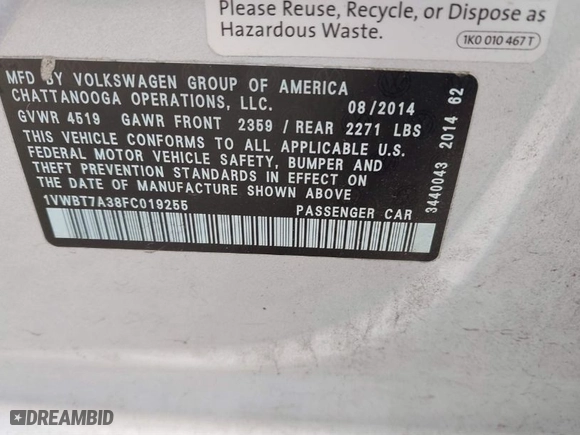 2015 Volkswagen Passat 1.8T SE w/Sunroof & Nav with VIN 1VWBT7A38FC019255, listed as a IAAI auction lot 41872887 with 121,845 mi miles. Bid and sale history available at carsss.com. Image 9.