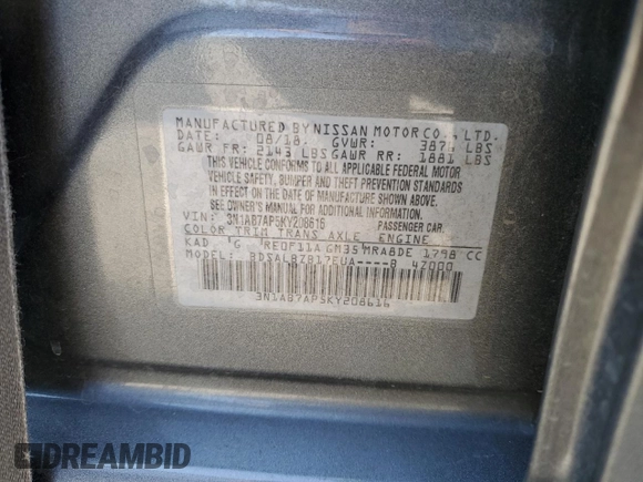 2019 Nissan Sentra S with VIN 3N1AB7AP5KY208616, listed as a Copart auction lot 60317315 with 117,869 mi miles and Salvage title. Bid and sale history available at DreamBid. Image 12.
