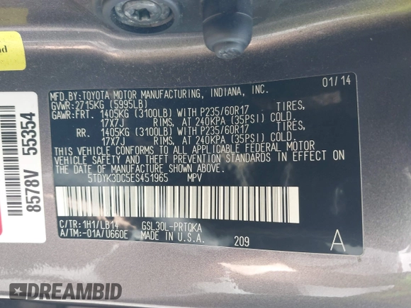 2014 Toyota Sienna XLE with VIN 5TDYK3DC5ES451965, listed as a IAAI auction lot 41879334 with 145,114 mi miles and . Bid and sale history available at DreamBid. Image 9.