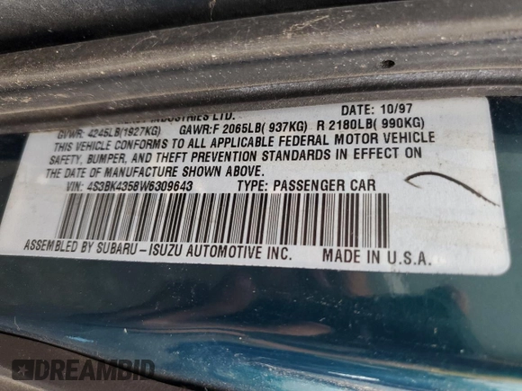 1998 Subaru Legacy L with VIN 4S3BK4358W6309643, listed as a Copart auction lot 57589795 with 250,739 mi miles and Salvage title. Bid and sale history available at DreamBid. Image 13.