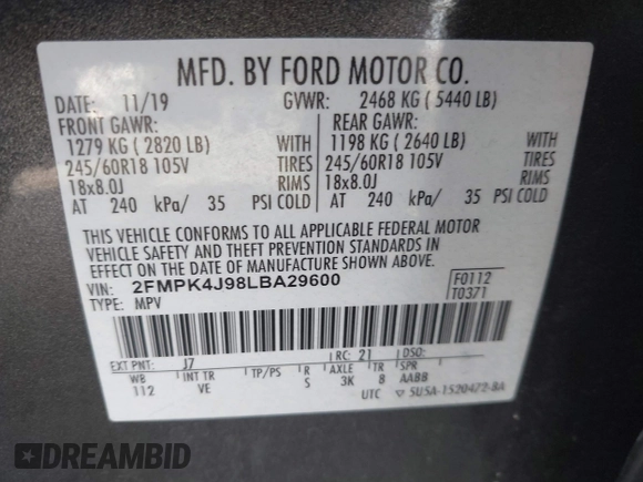 2020 Ford Edge SEL z VIN 2FMPK4J98LBA29600, wystawiony jako IAAI lot #42547635 z przebiegiem 82 222 mil mil oraz . Historia ofert i sprzedaży dostępna na DreamBid. Obrazek 9.