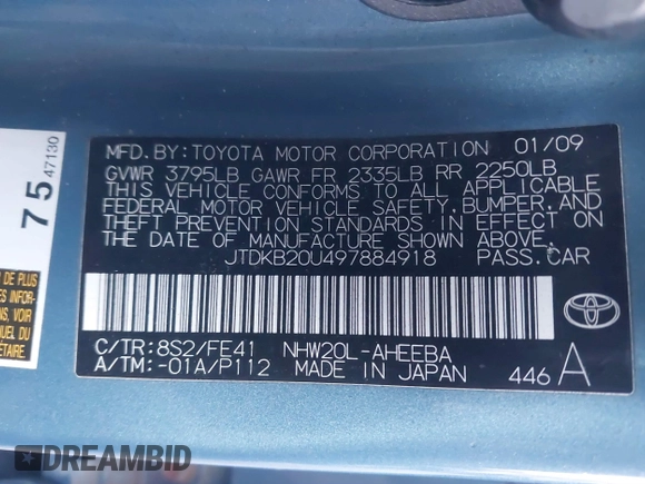 2009 Toyota Prius with VIN JTDKB20U497884918, listed as a IAAI auction lot 41228594 with 229,322 mi miles. Bid and sale history available at carsss.com. Image 9.