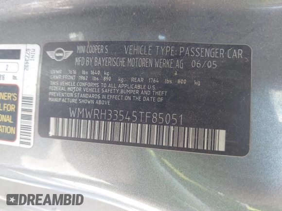 2005 MINI Convertible S with VIN WMWRH33545TF85051, listed as a IAAI auction lot 41843147 with 109,656 mi miles and . Bid and sale history available at DreamBid. Image 9.