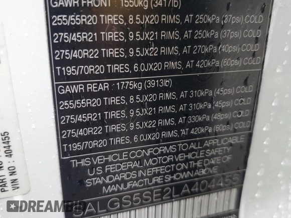 2020 Land Rover Range Rover with VIN SALGS5SE2LA404455, listed as a Copart auction lot 65601084 with 55,670 mi miles and Salvage title. Bid and sale history available at DreamBid. Image 14.