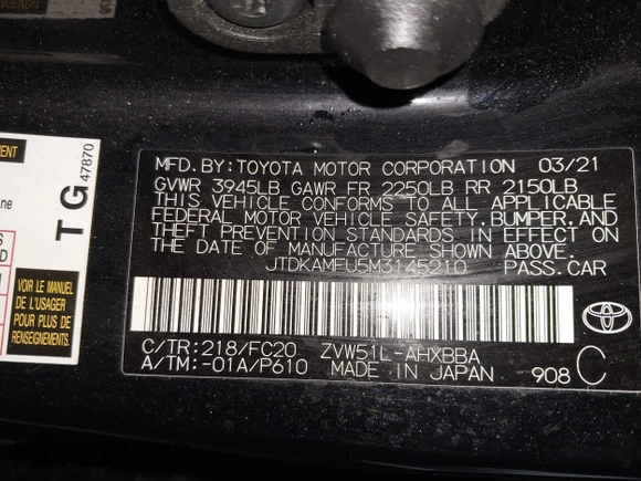2021 Toyota Prius L Eco with VIN JTDKAMFU5M3145210, listed as a IAAI auction lot 41482234 with 85,600 mi miles and . Bid and sale history available at DreamBid. Image 9.