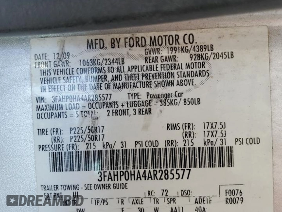 2010 Ford Fusion SE with VIN 3FAHP0HA4AR285577, listed as a Copart auction lot 52862235 with 201,879 mi miles and Salvage Title. Bid and sale history available at carsss.com. Image 12.